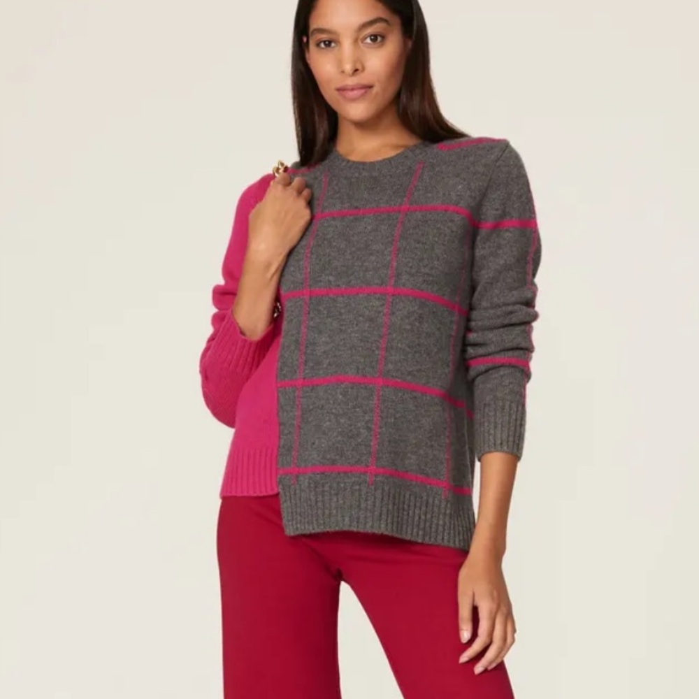 Milly Intarsia Windowpane Gray & Pink Sweater Size Small Crewneck Wool Cashmere